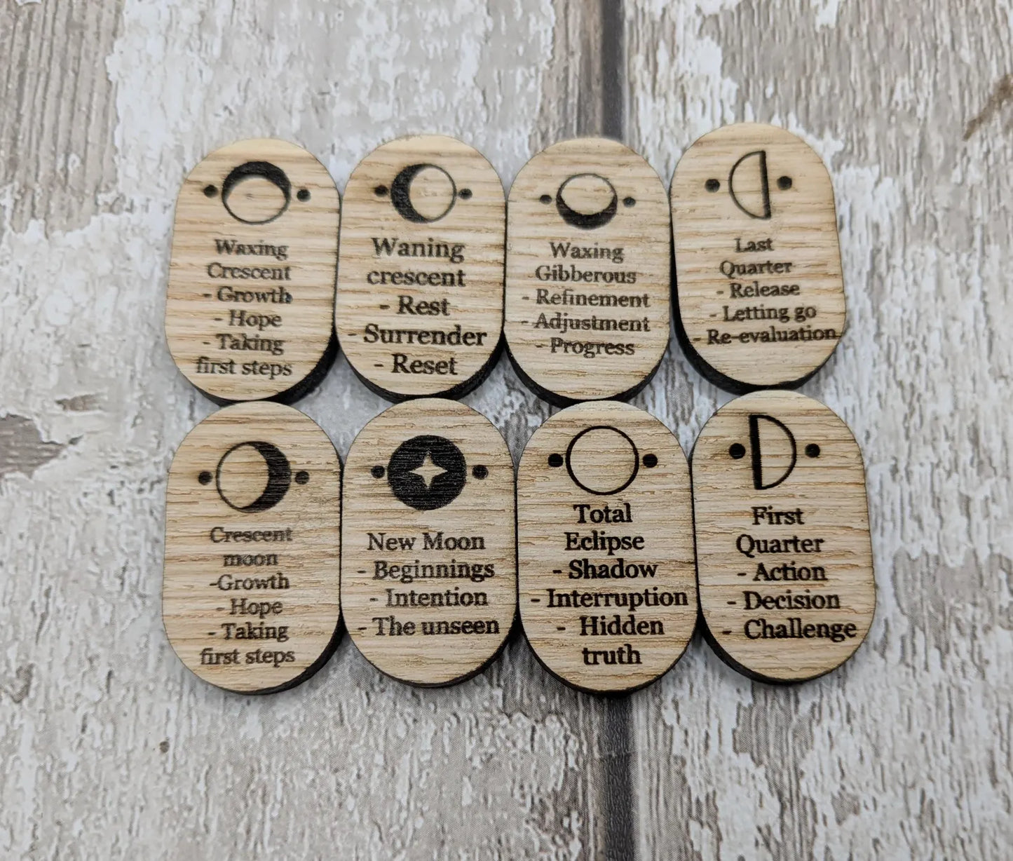 Sweet chestnut wooden Moon Glyph tiles beginner set with engraved meaning.