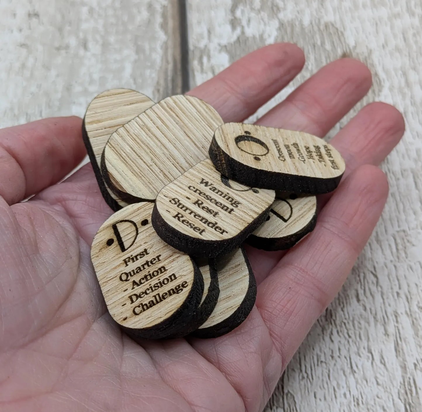 Sweet chestnut wooden Moon Glyph tiles beginner set with engraved meaning.