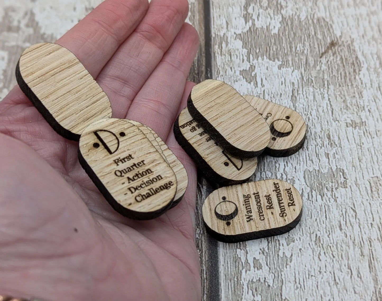 Sweet chestnut wooden Moon Glyph tiles beginner set with engraved meaning.