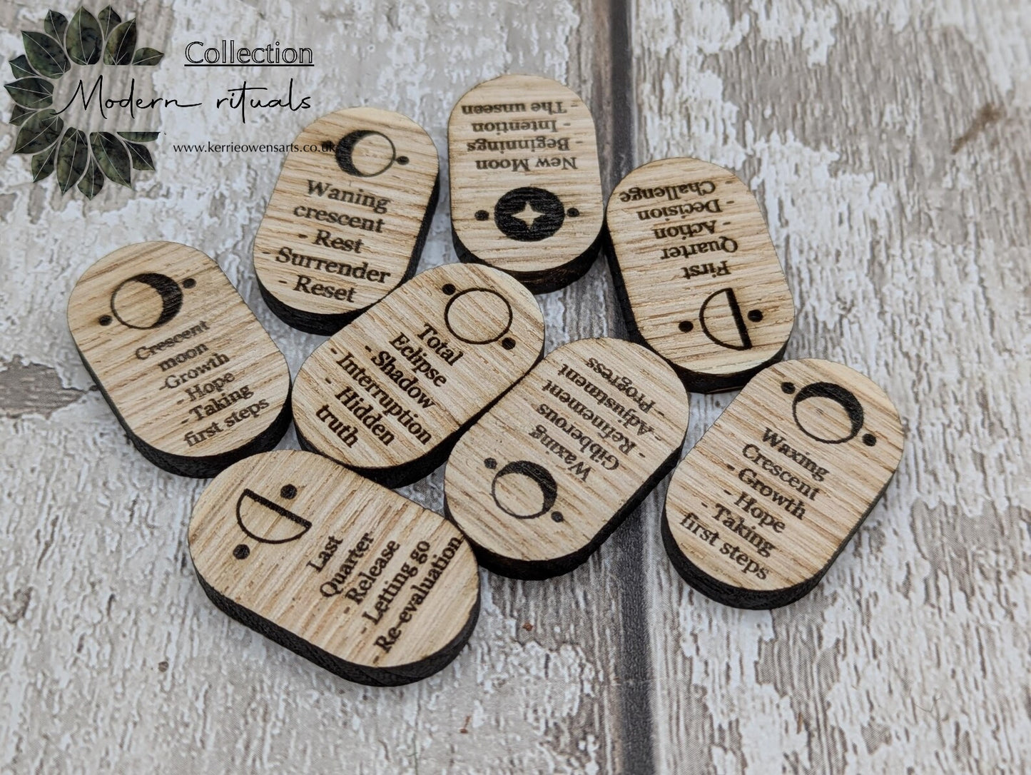 Sweet chestnut wooden Moon Glyph tiles beginner set with engraved meaning.