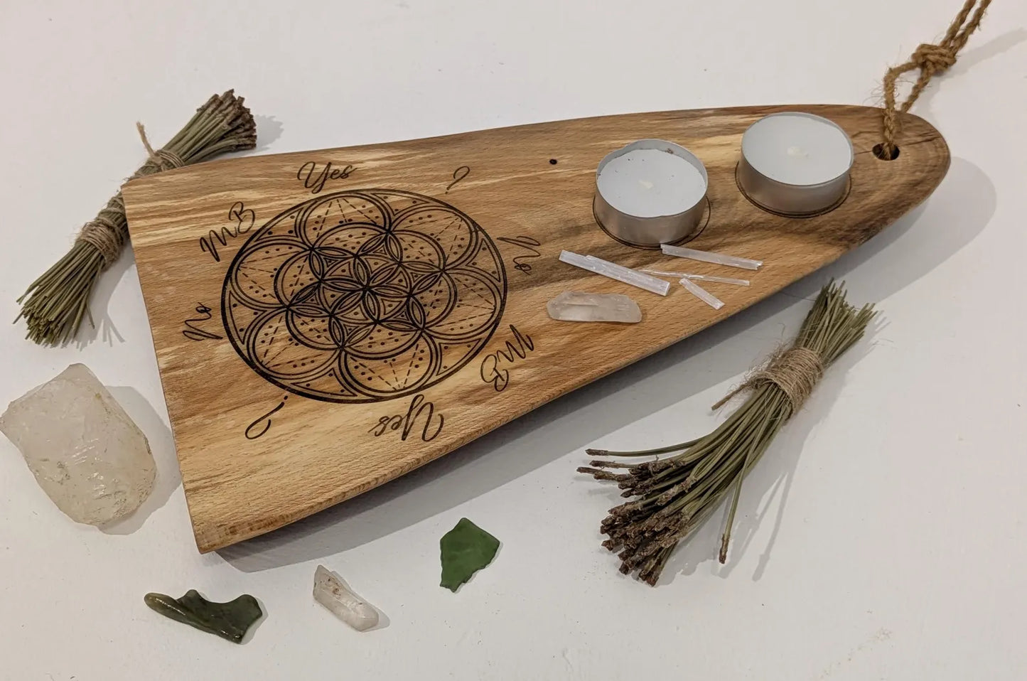 Wooden geometric mini altar dowsing board, laser printer, travel, t8me house friendly.