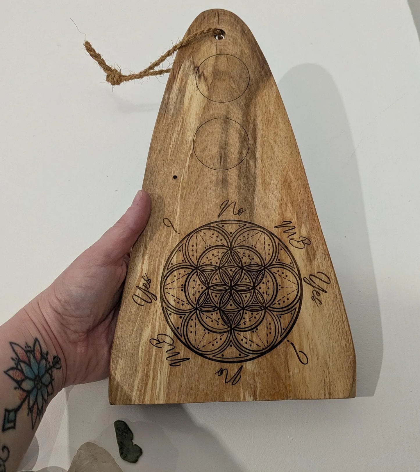 Wooden geometric mini altar dowsing board, laser printer, travel, t8me house friendly.