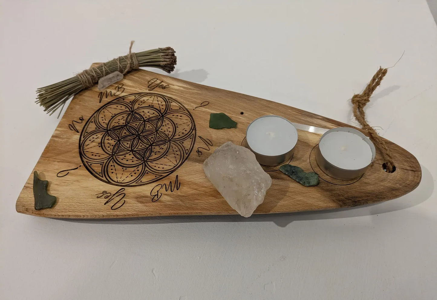 Wooden geometric mini altar dowsing board, laser printer, travel, t8me house friendly.