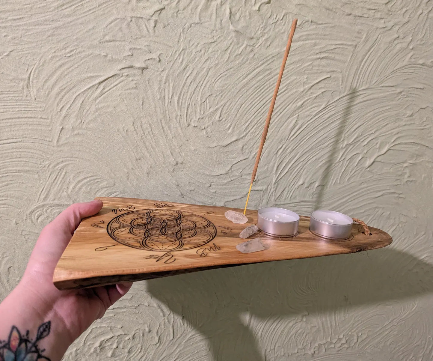 Wooden geometric mini altar dowsing board, laser printer, travel, t8me house friendly.