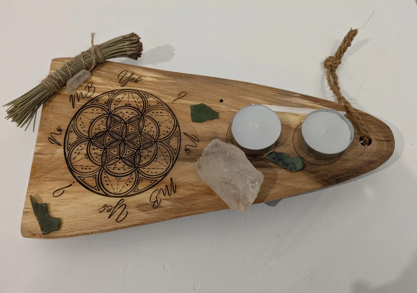 Wooden geometric mini altar dowsing board, laser printer, travel, t8me house friendly.