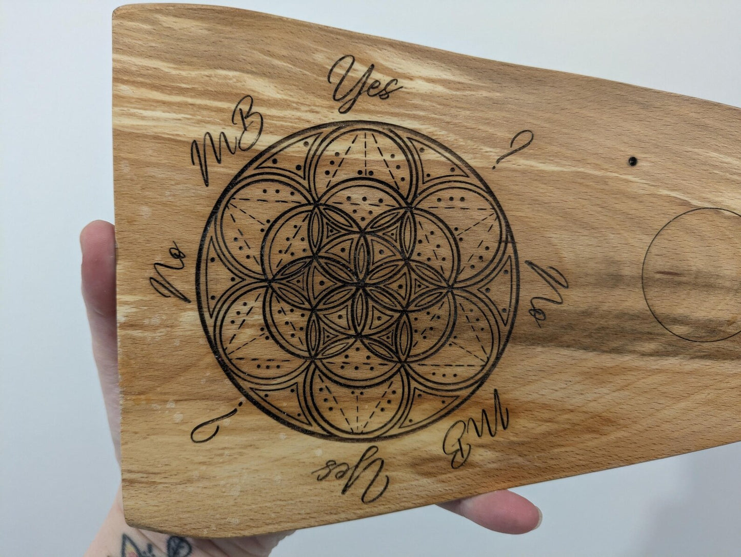Wooden geometric mini altar dowsing board, laser printer, travel, t8me house friendly.