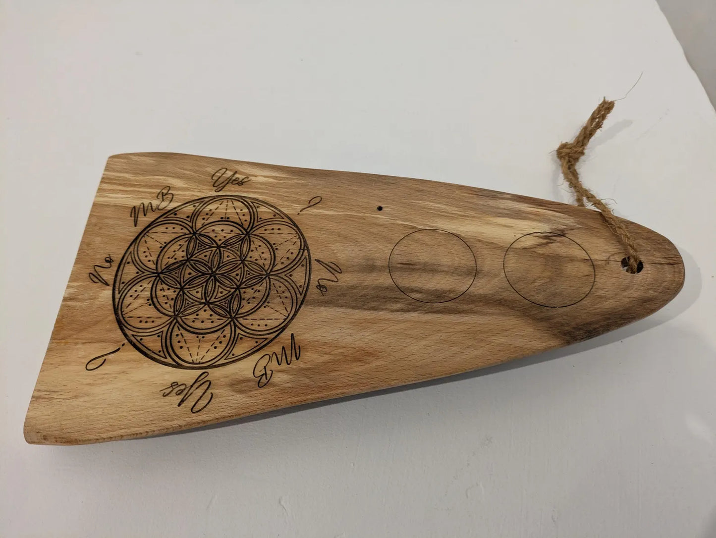 Wooden geometric mini altar dowsing board, laser printer, travel, t8me house friendly.