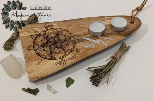 Wooden geometric mini altar dowsing board, laser printer, travel, t8me house friendly.