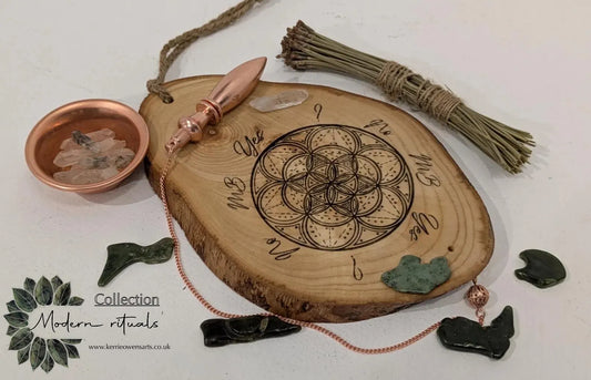 Ash wood geometric laser printed pendulum dowsing board.