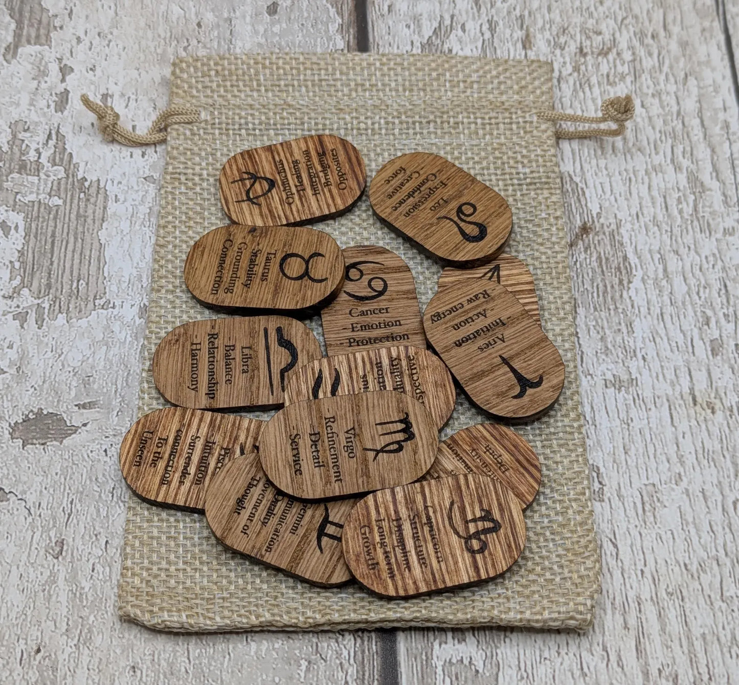 Sweet chestnut wooden zodiac wooden tile rune beginners set.