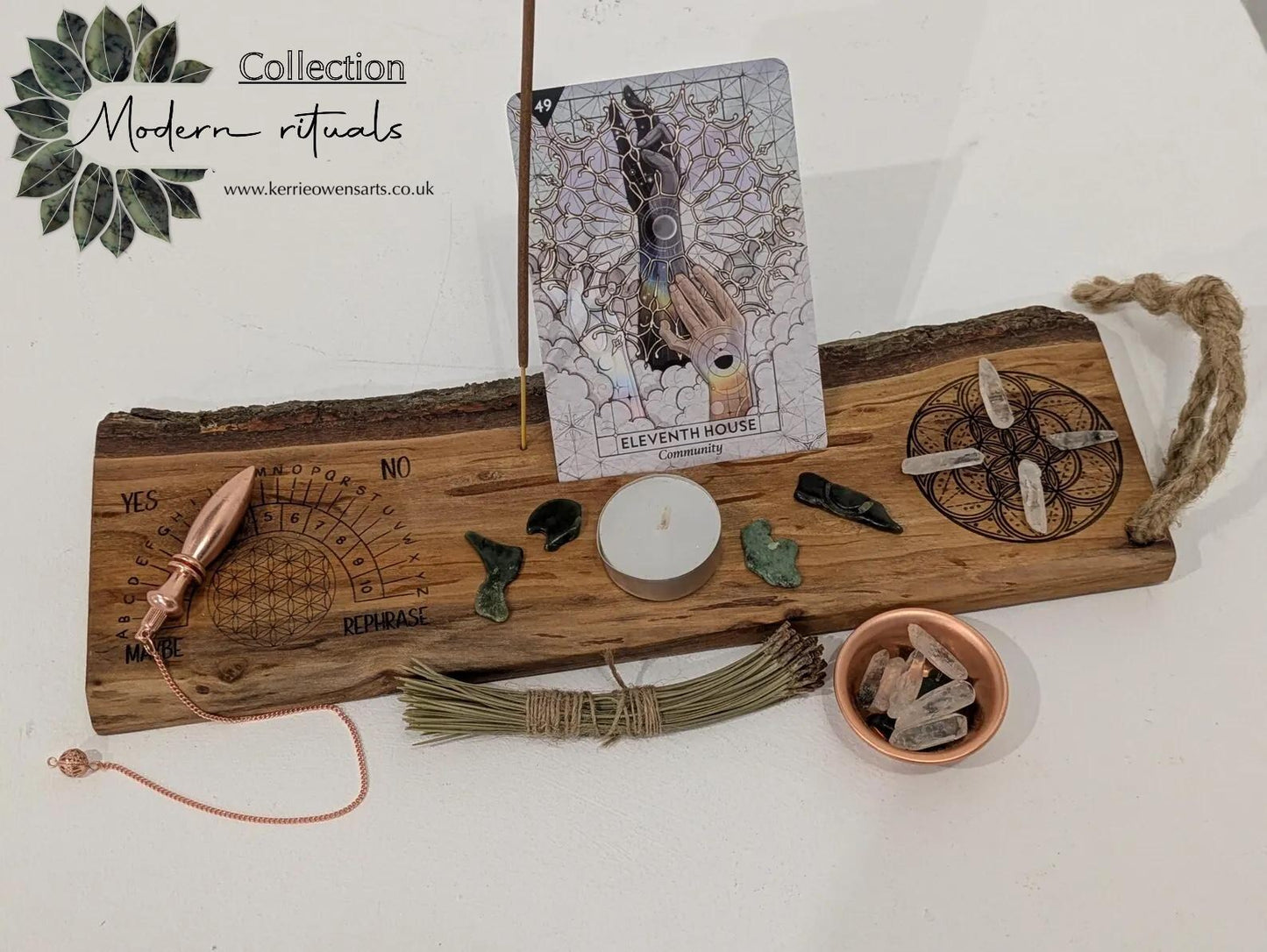 Alder wood mini altar board with pendulum board, crystal grid and card of the day slot. Live bark edge.