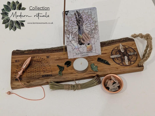 Alder wood mini altar board with pendulum board, crystal grid and card of the day slot. Live bark edge.
