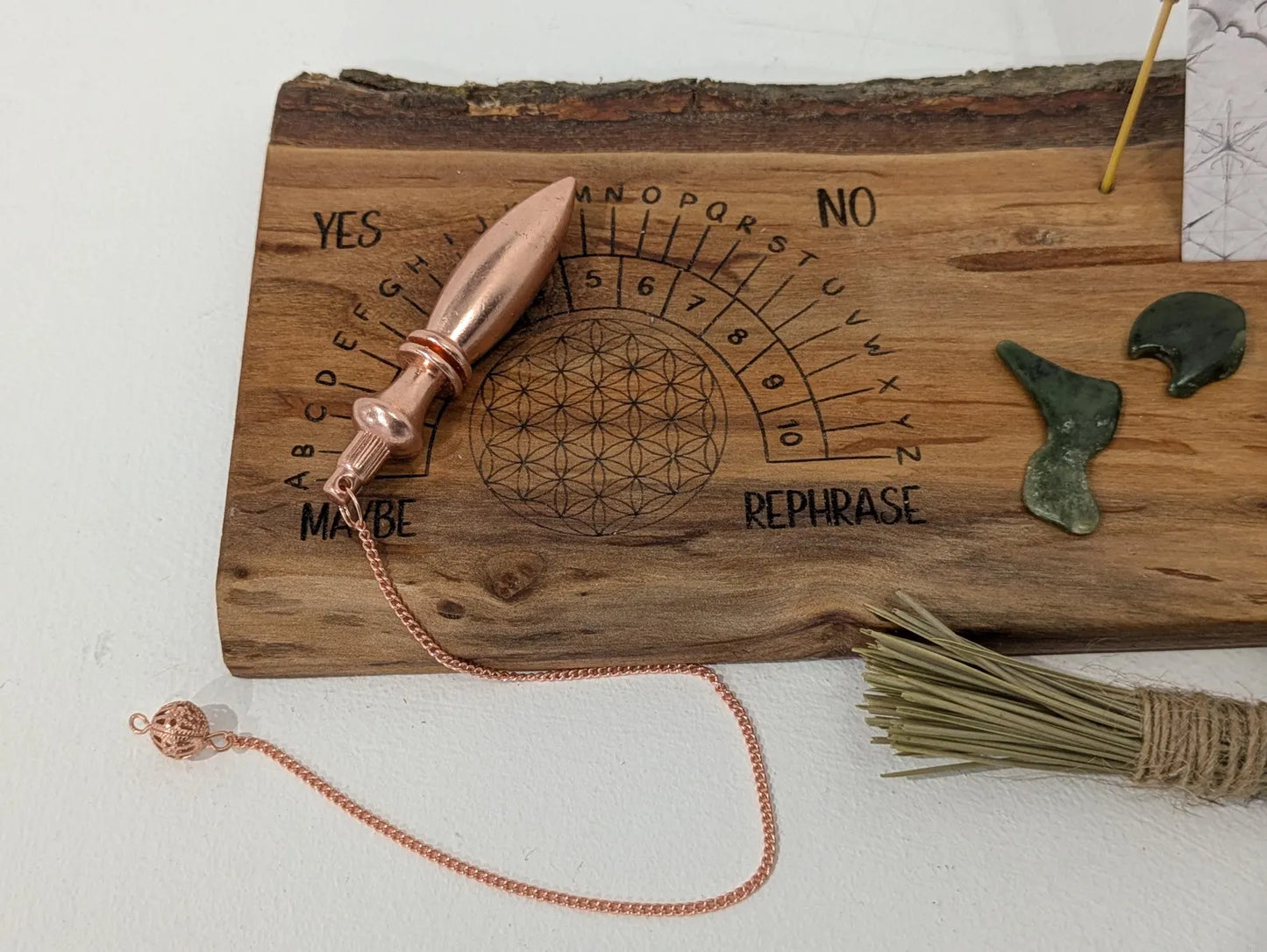 Alder wood mini altar board with pendulum board, crystal grid and card of the day slot. Live bark edge.