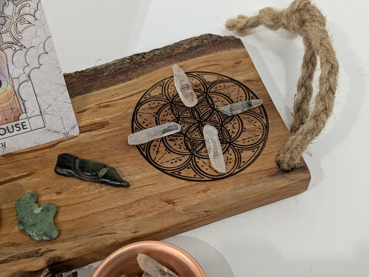 Alder wood mini altar board with pendulum board, crystal grid and card of the day slot. Live bark edge.