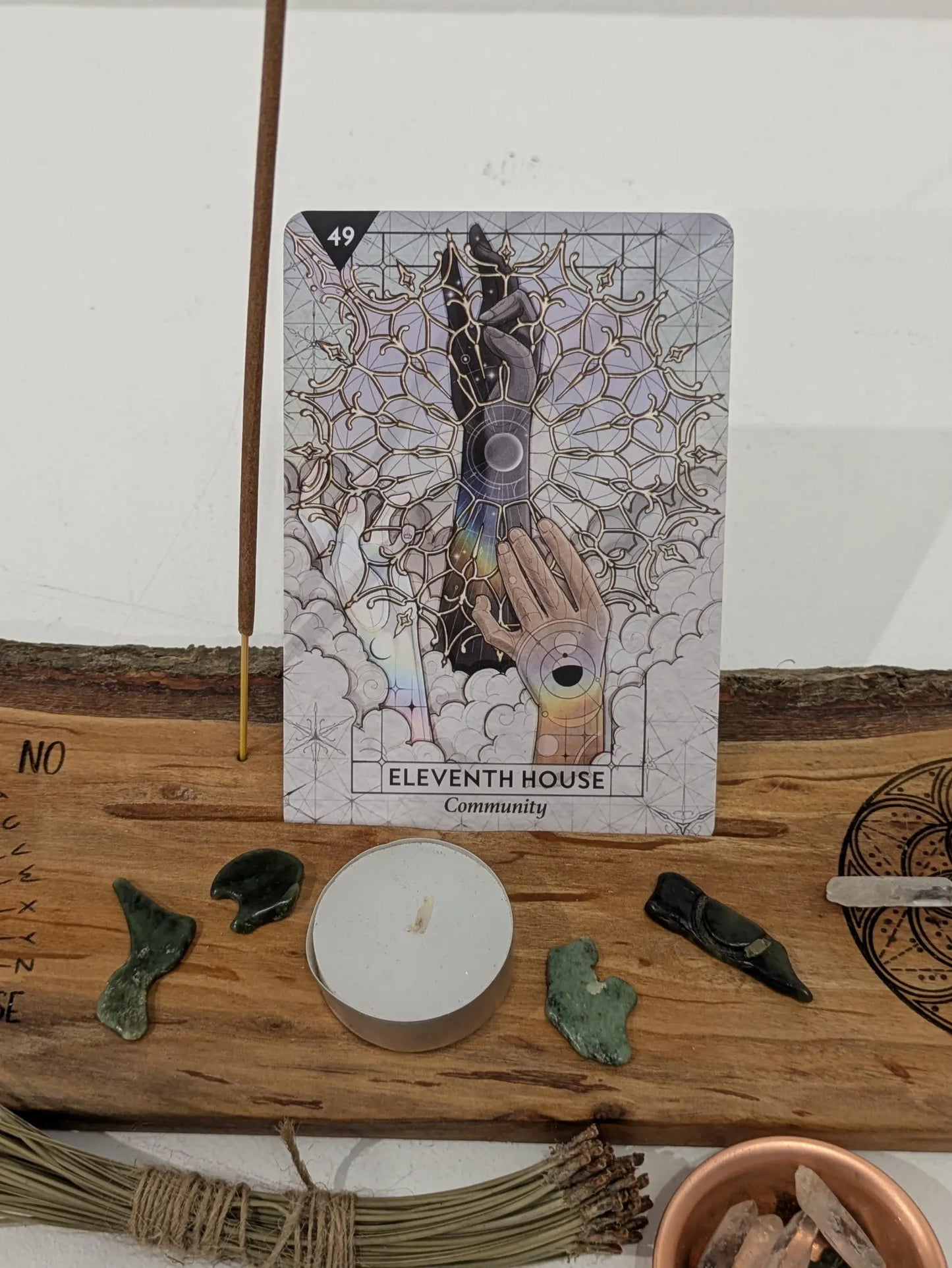 Alder wood mini altar board with pendulum board, crystal grid and card of the day slot. Live bark edge.
