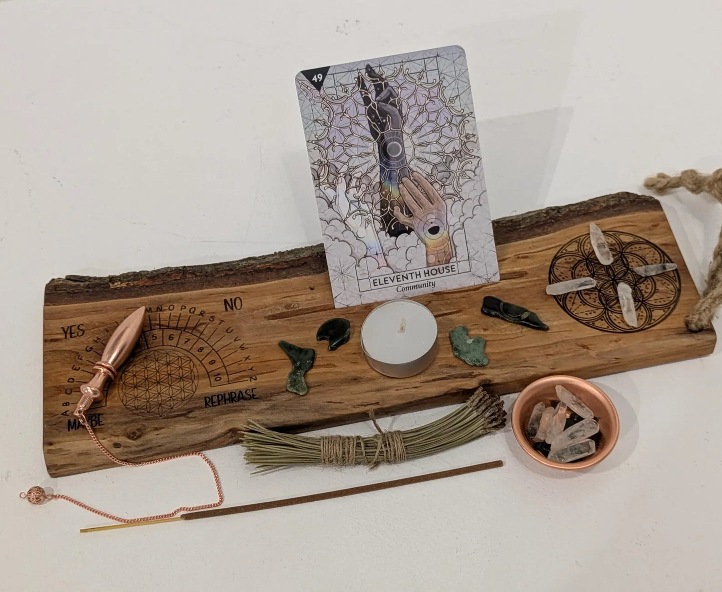 Alder wood mini altar board with pendulum board, crystal grid and card of the day slot. Live bark edge.