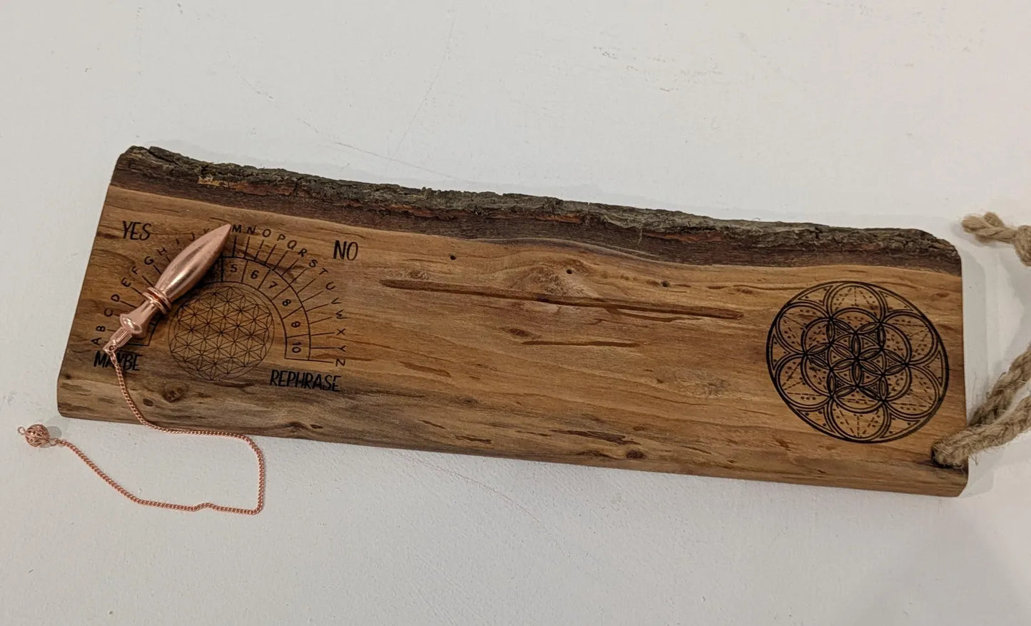 Alder wood mini altar board with pendulum board, crystal grid and card of the day slot. Live bark edge.