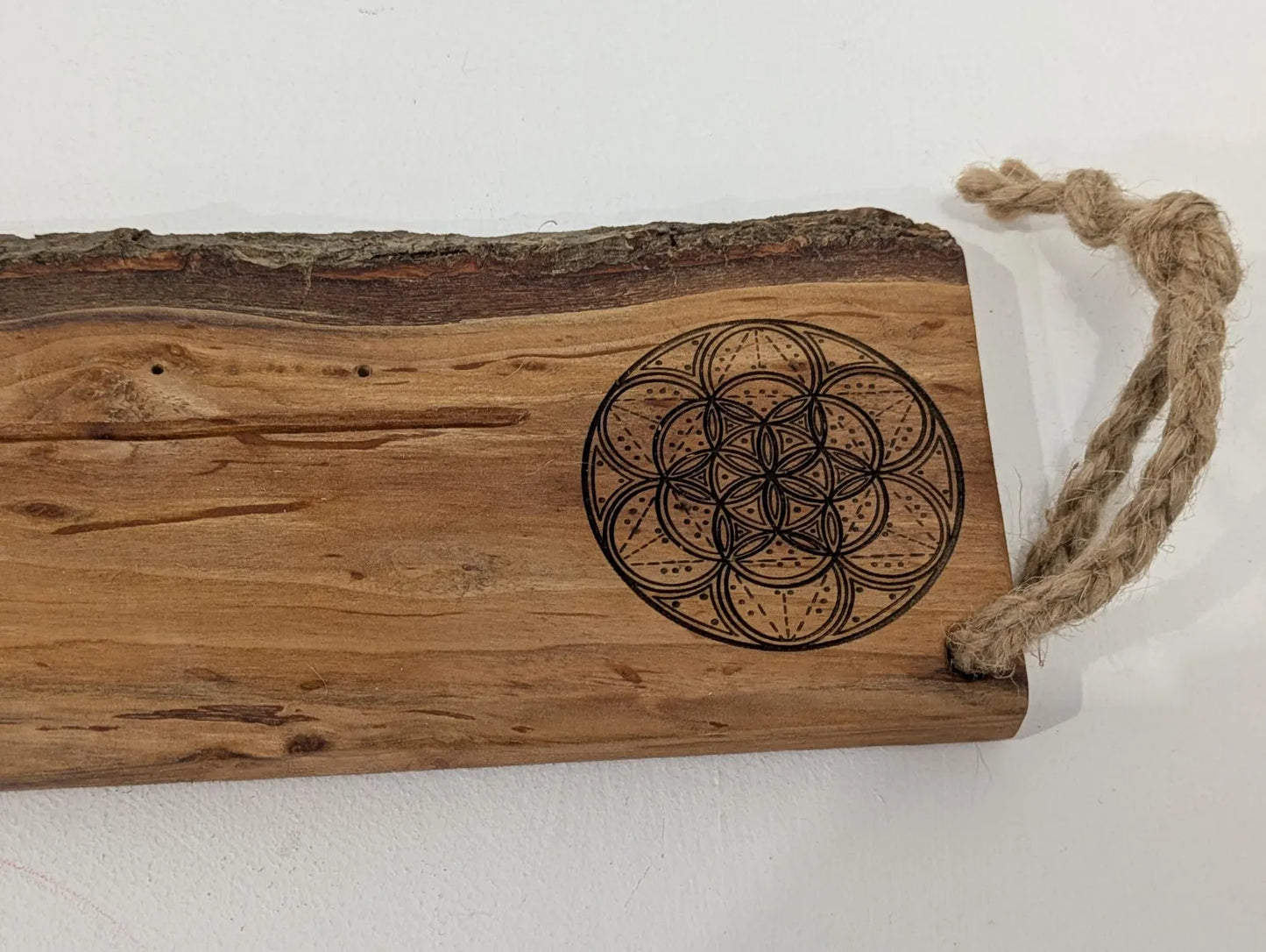 Alder wood mini altar board with pendulum board, crystal grid and card of the day slot. Live bark edge.