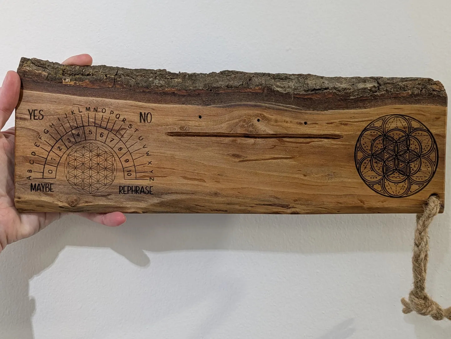 Alder wood mini altar board with pendulum board, crystal grid and card of the day slot. Live bark edge.