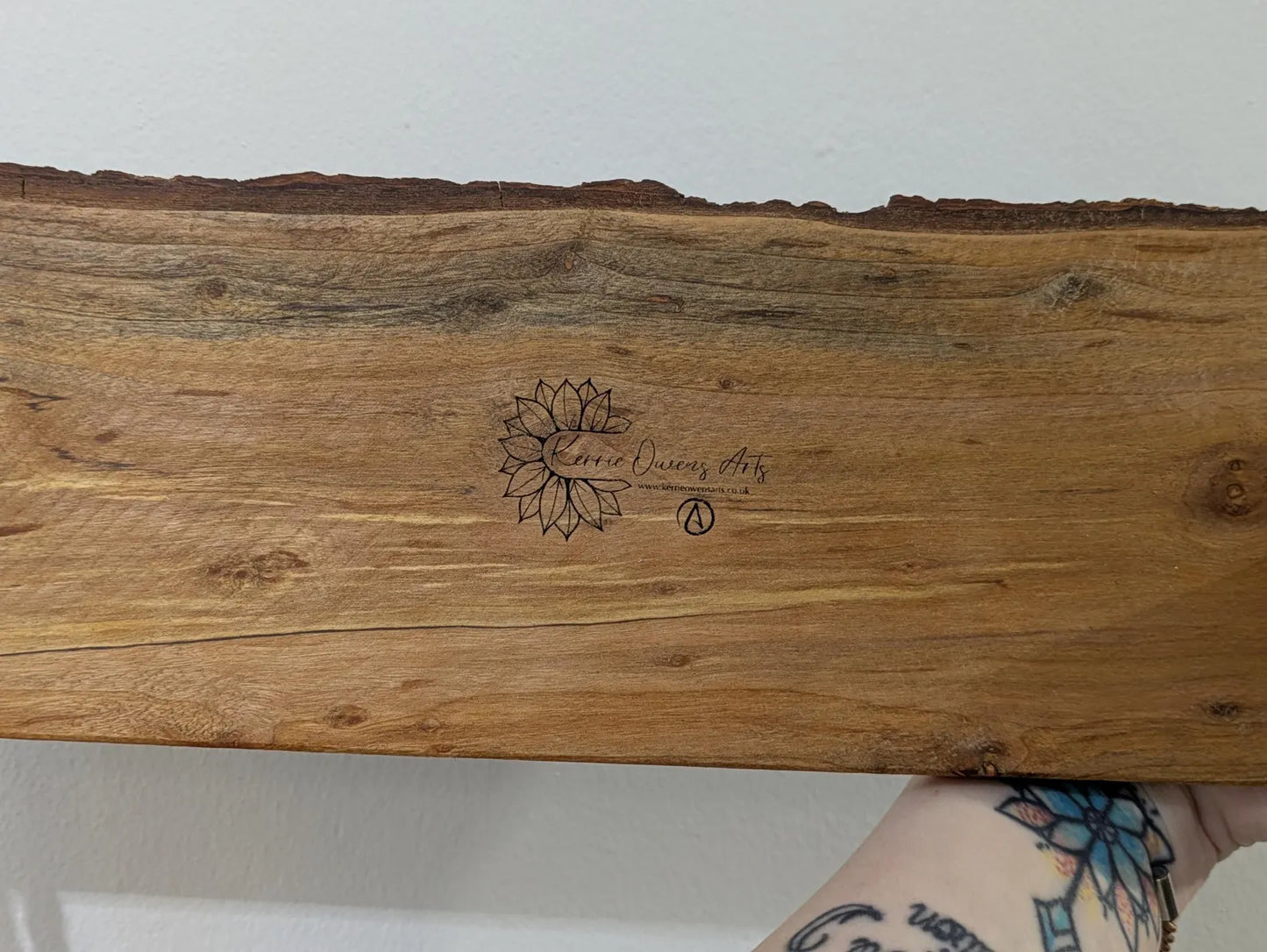 Alder wood mini altar board with pendulum board, crystal grid and card of the day slot. Live bark edge.