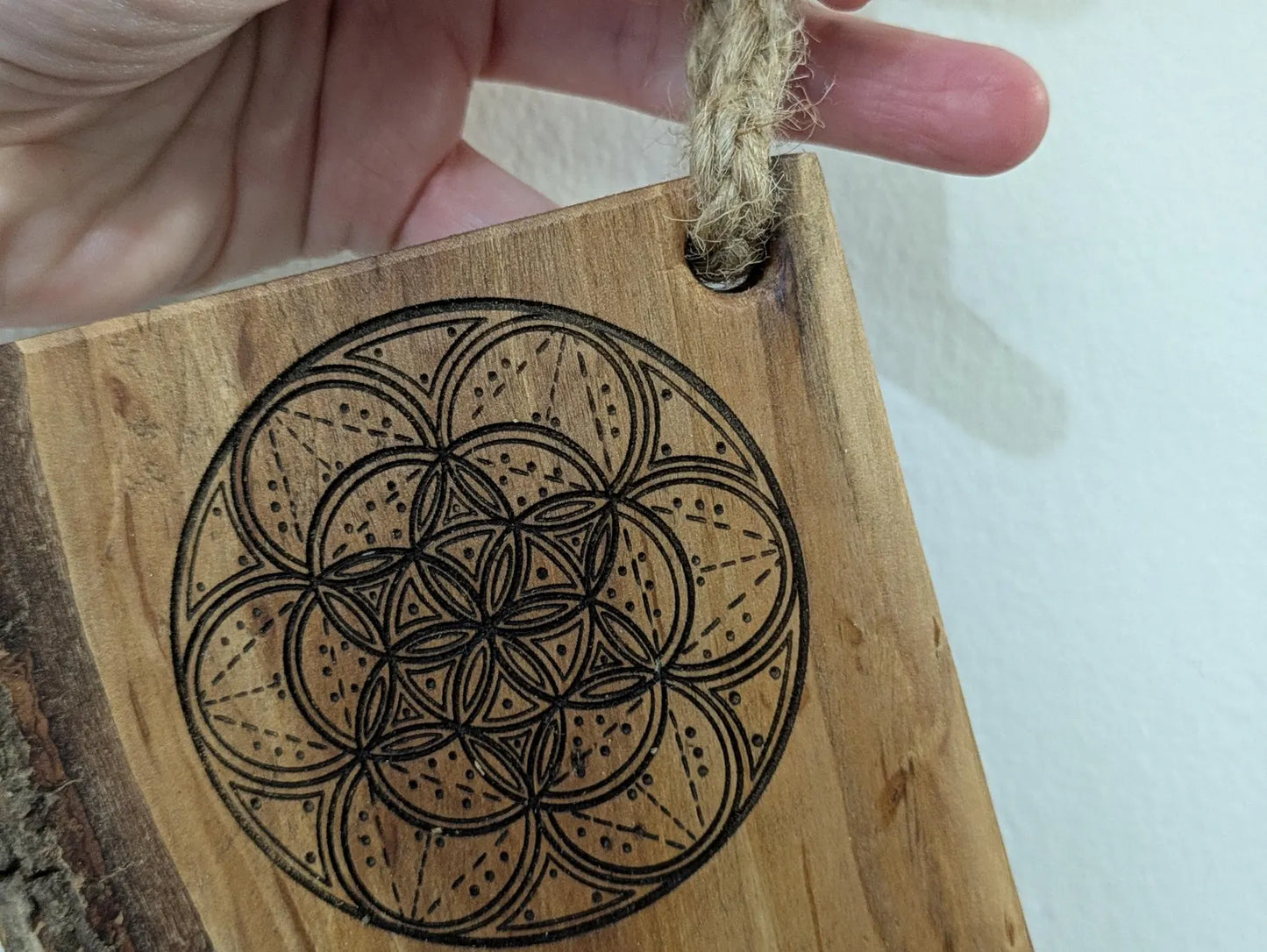 Alder wood mini altar board with pendulum board, crystal grid and card of the day slot. Live bark edge.