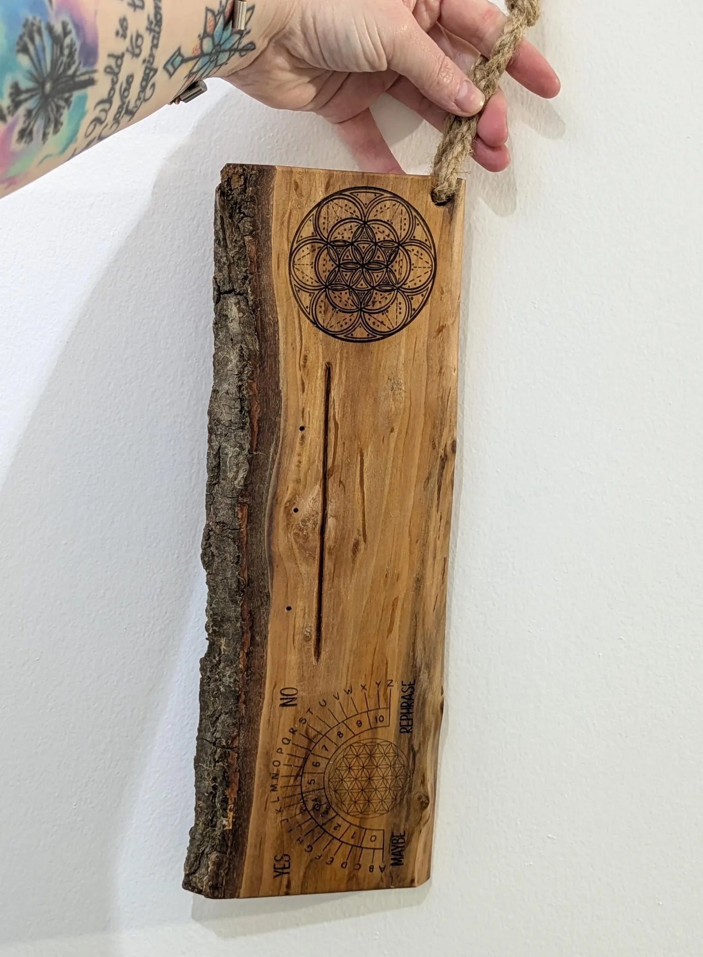 Alder wood mini altar board with pendulum board, crystal grid and card of the day slot. Live bark edge.