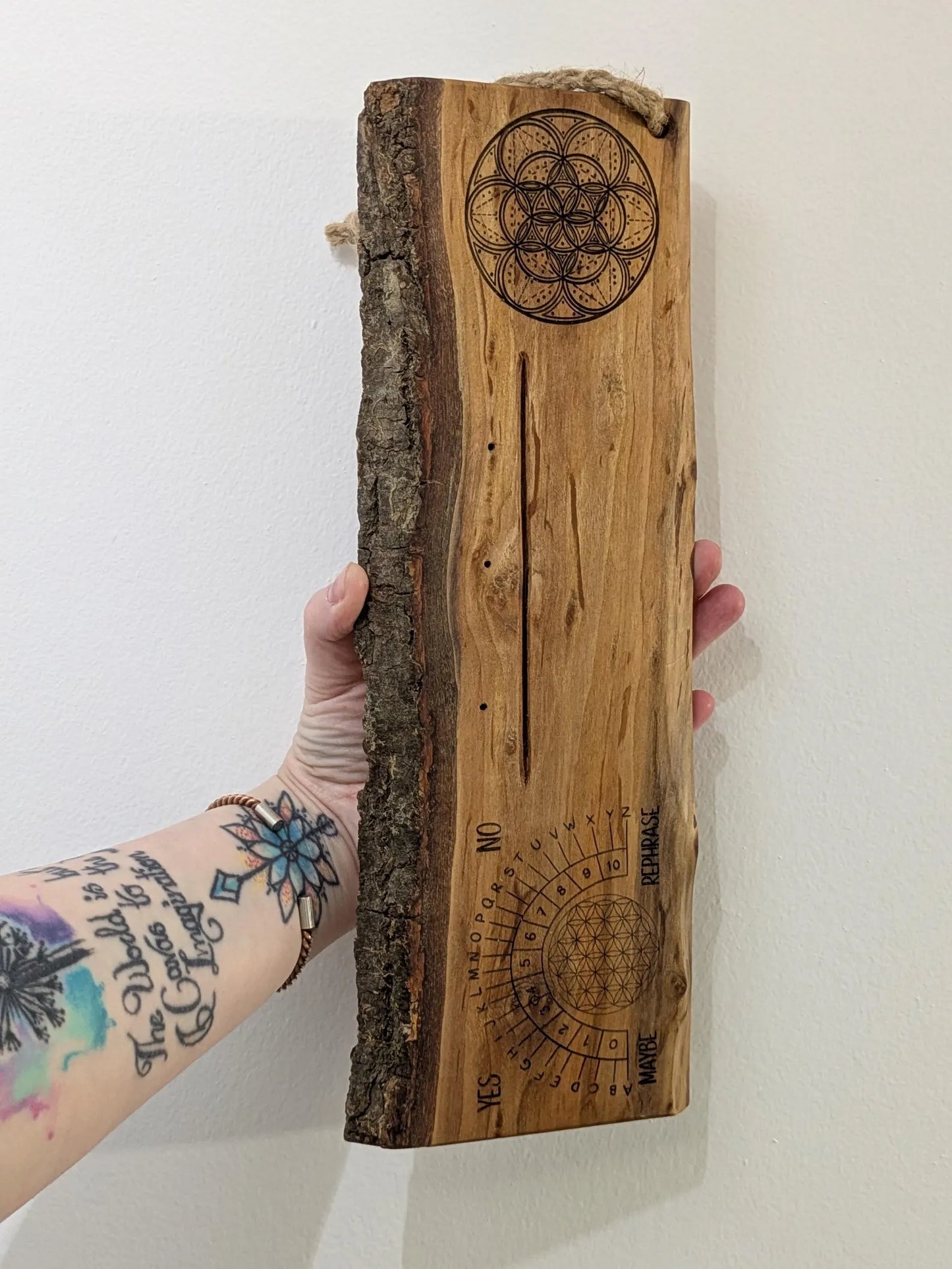 Alder wood mini altar board with pendulum board, crystal grid and card of the day slot. Live bark edge.