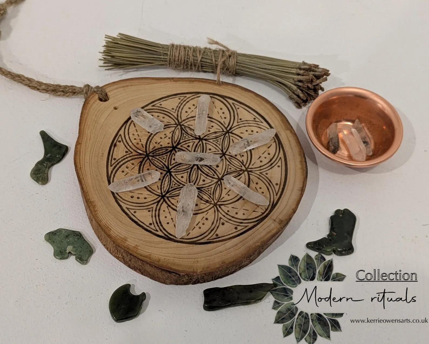 Ash wood hanging crystal grid board with incense drill holes.