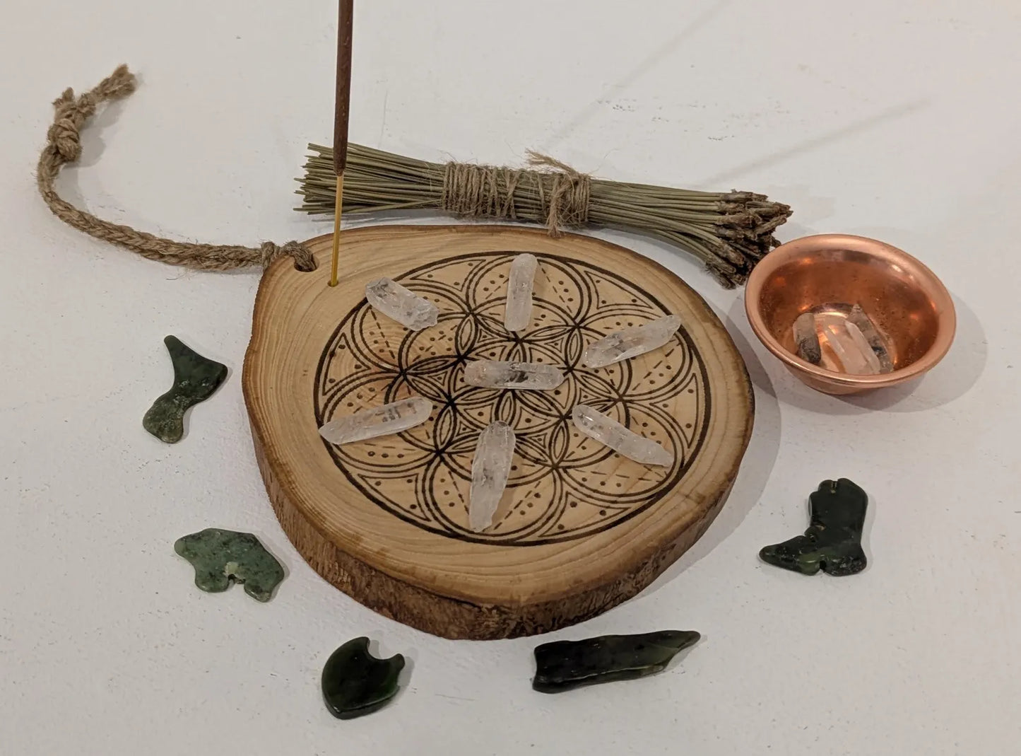 Ash wood hanging crystal grid board with incense drill holes.