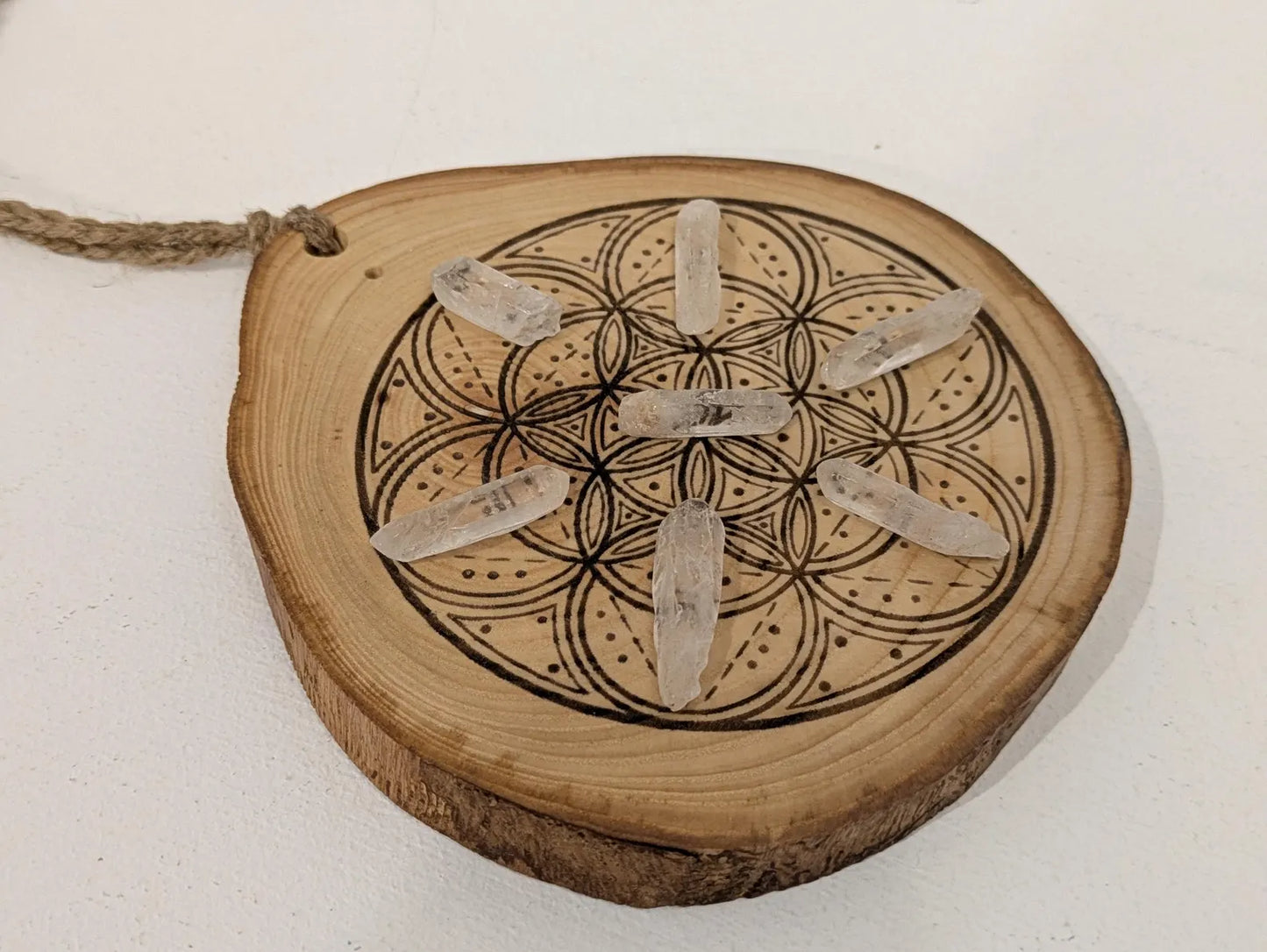 Ash wood hanging crystal grid board with incense drill holes.