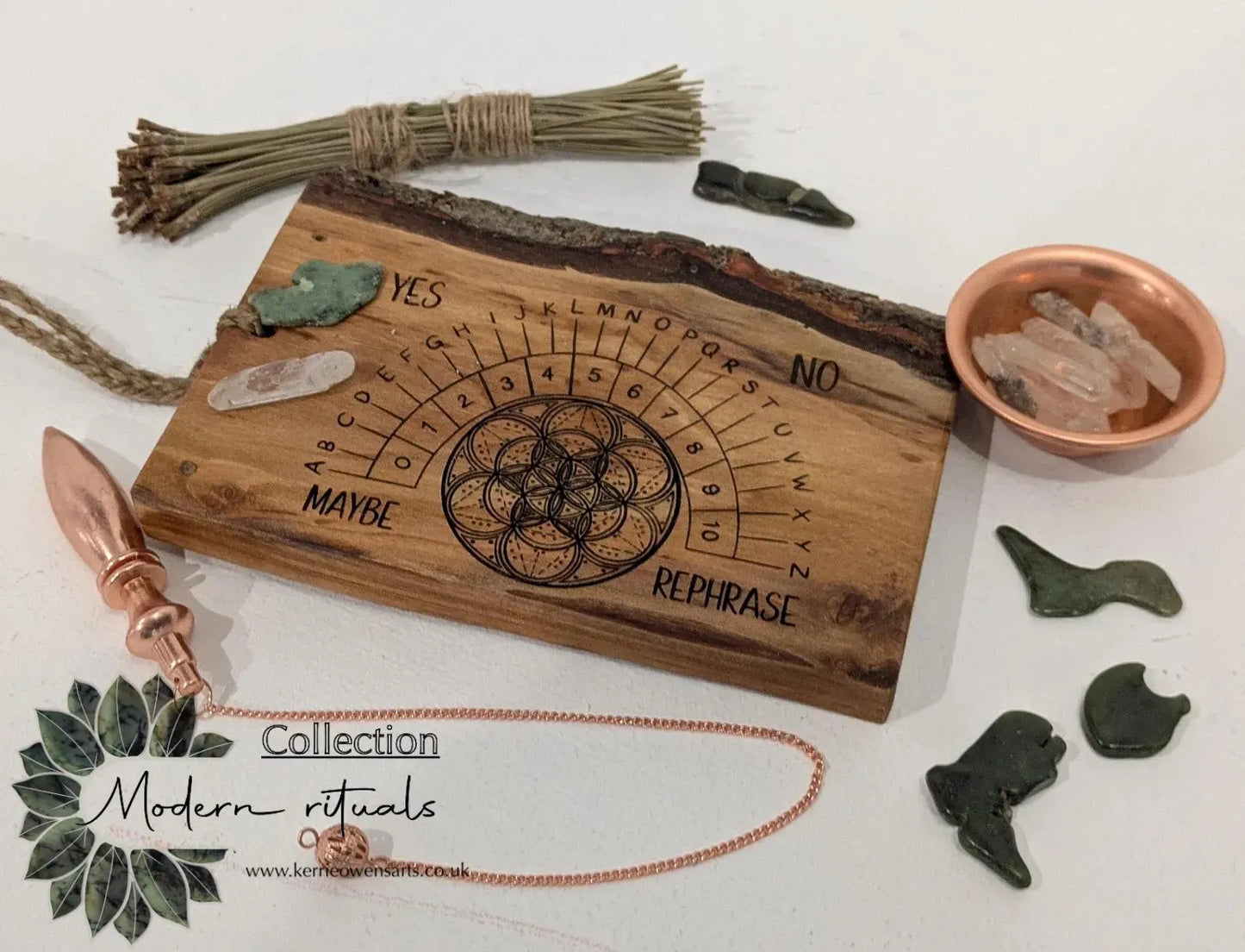 Alder wood hanging alphabet pendulum board with incense holder.