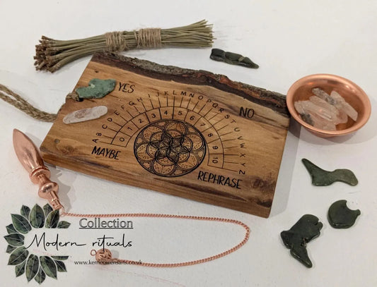 Alder wood hanging alphabet pendulum board with incense holder.