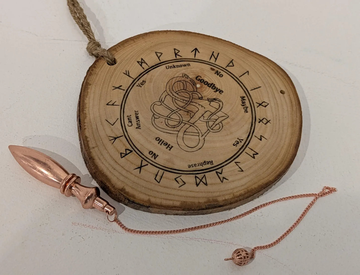 Ash wood hanging Norse pendulum and rune board.