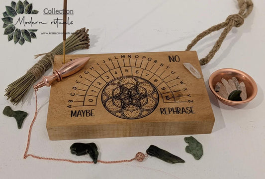 Lime wood hanging Alphabet dowsing pendulum board.