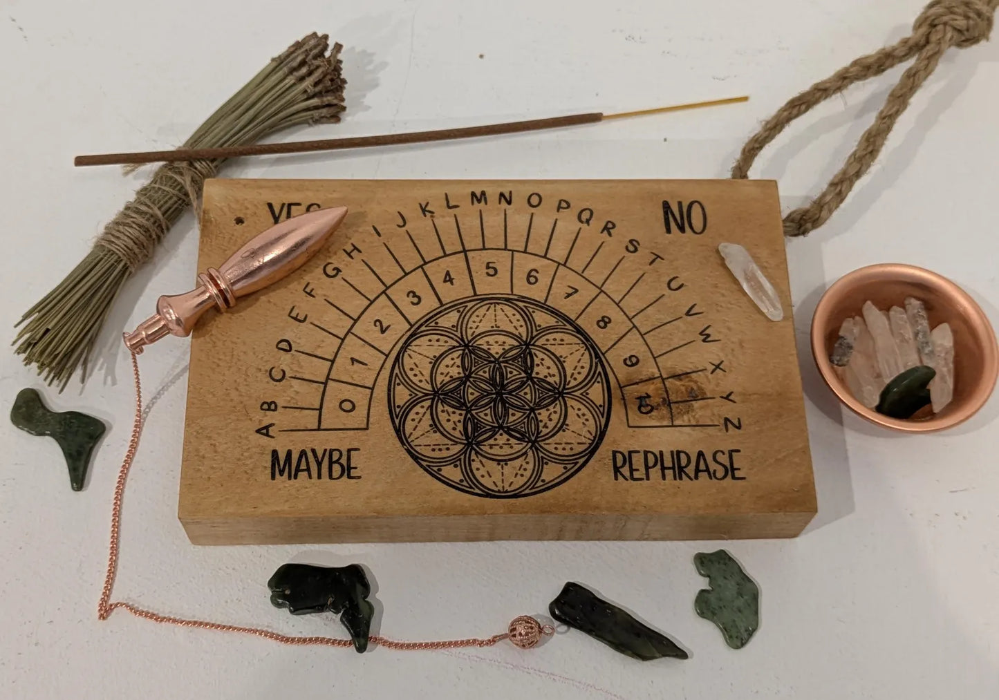 Lime wood hanging Alphabet dowsing pendulum board.