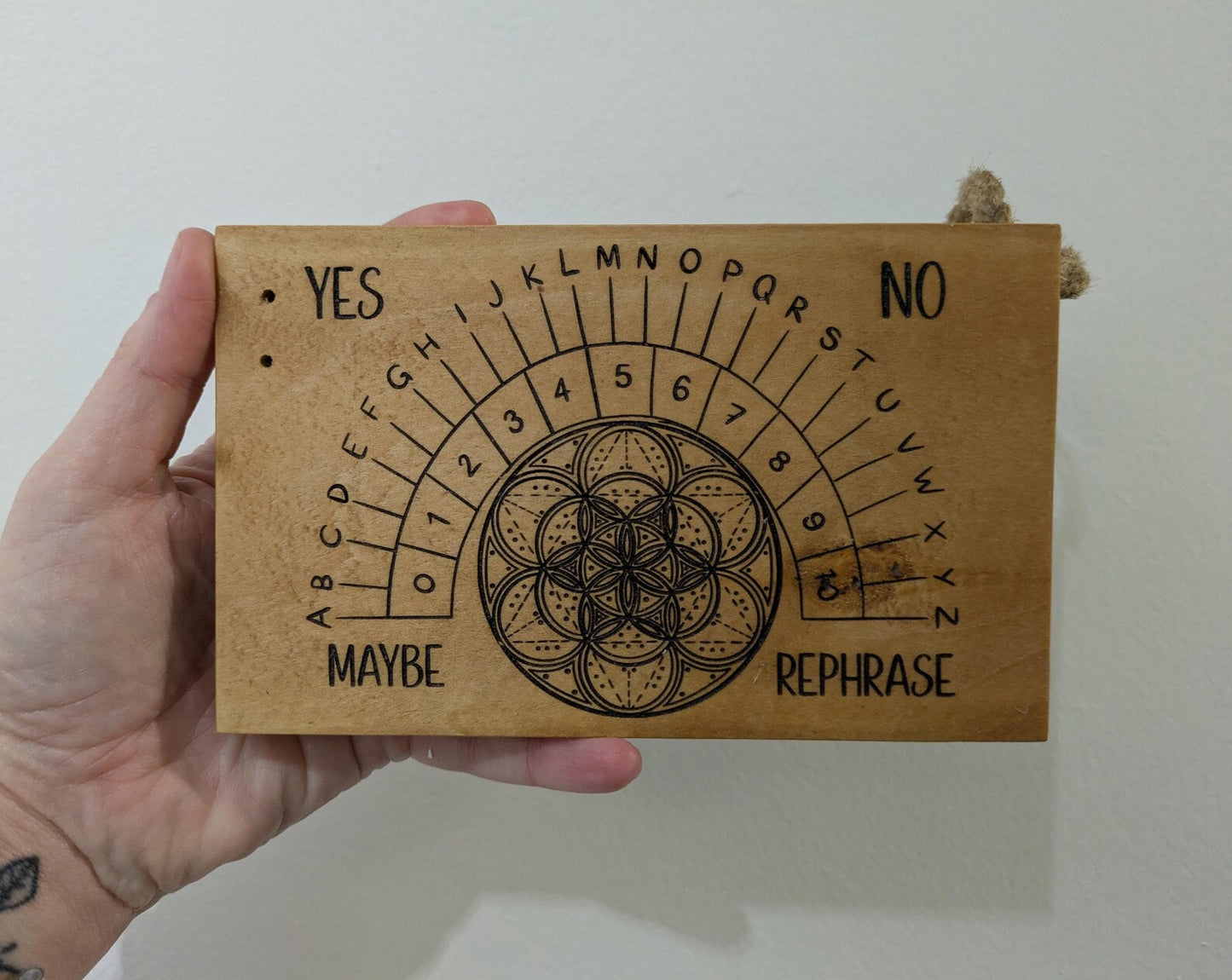 Lime wood hanging Alphabet dowsing pendulum board.