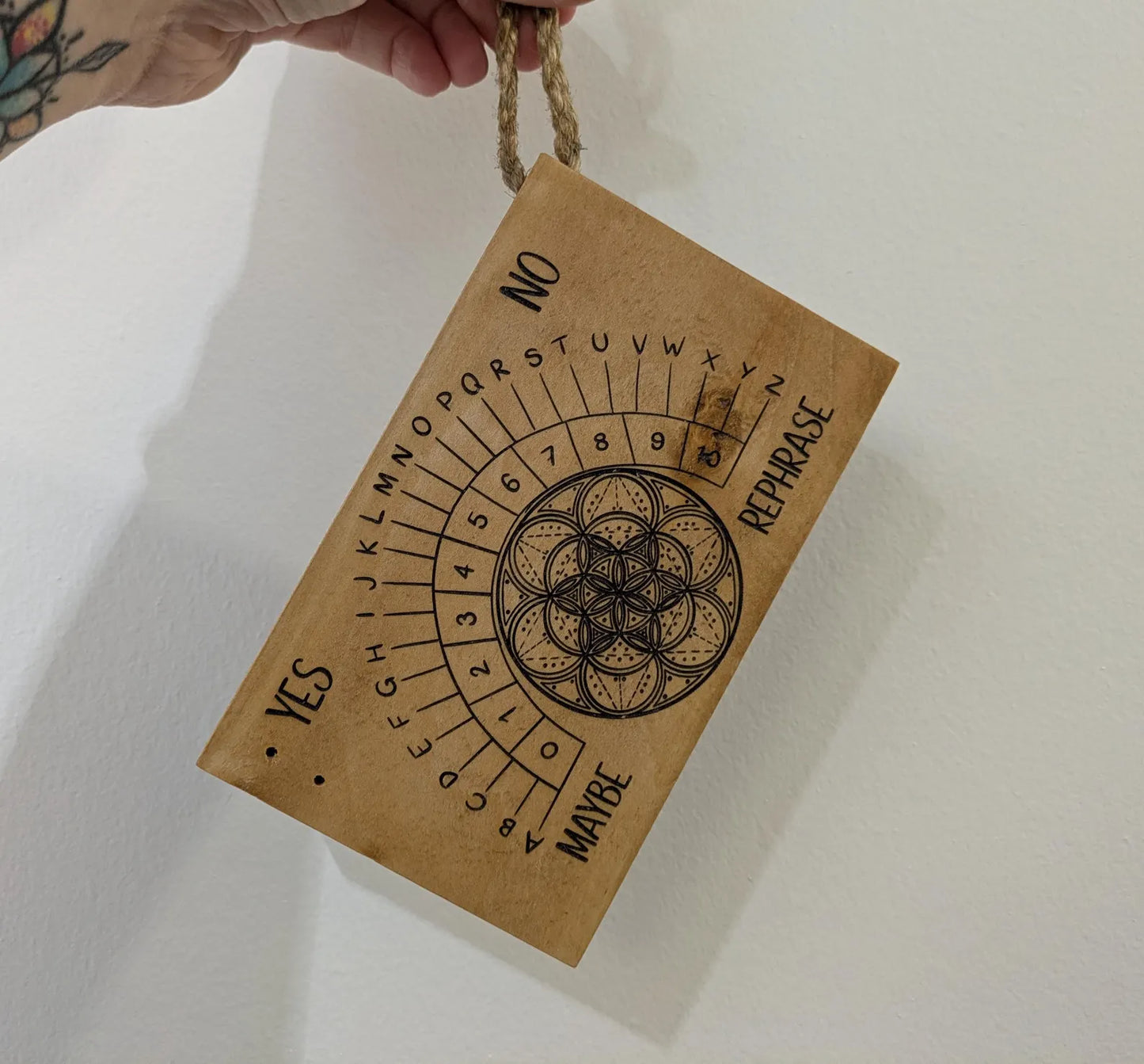 Lime wood hanging Alphabet dowsing pendulum board.