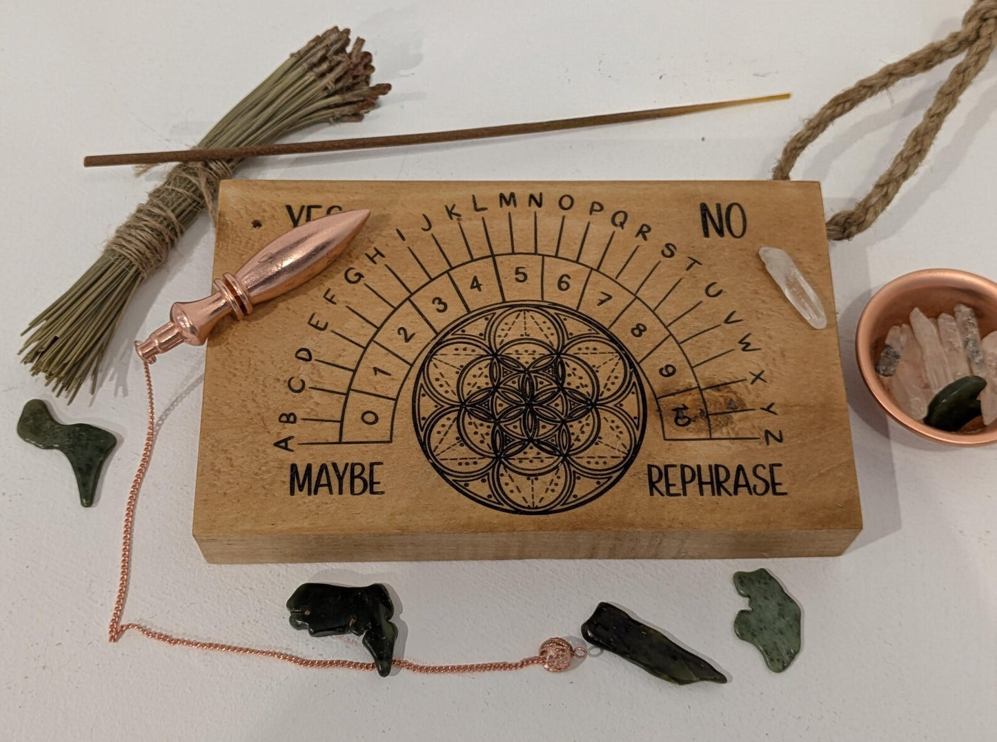 Lime wood hanging Alphabet dowsing pendulum board.