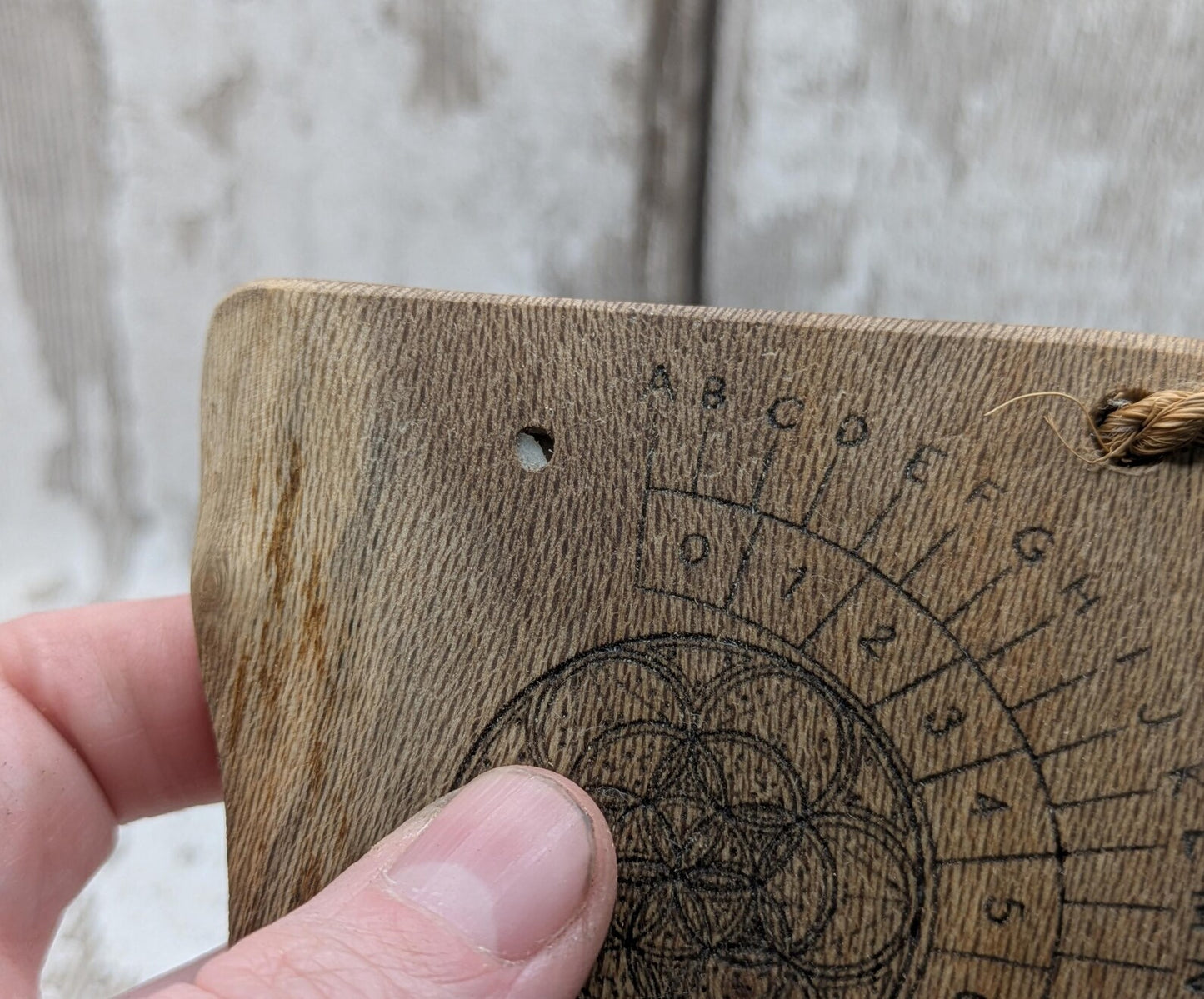 Lace wood mini pocket sized alphabet dowsing board with waney edge.