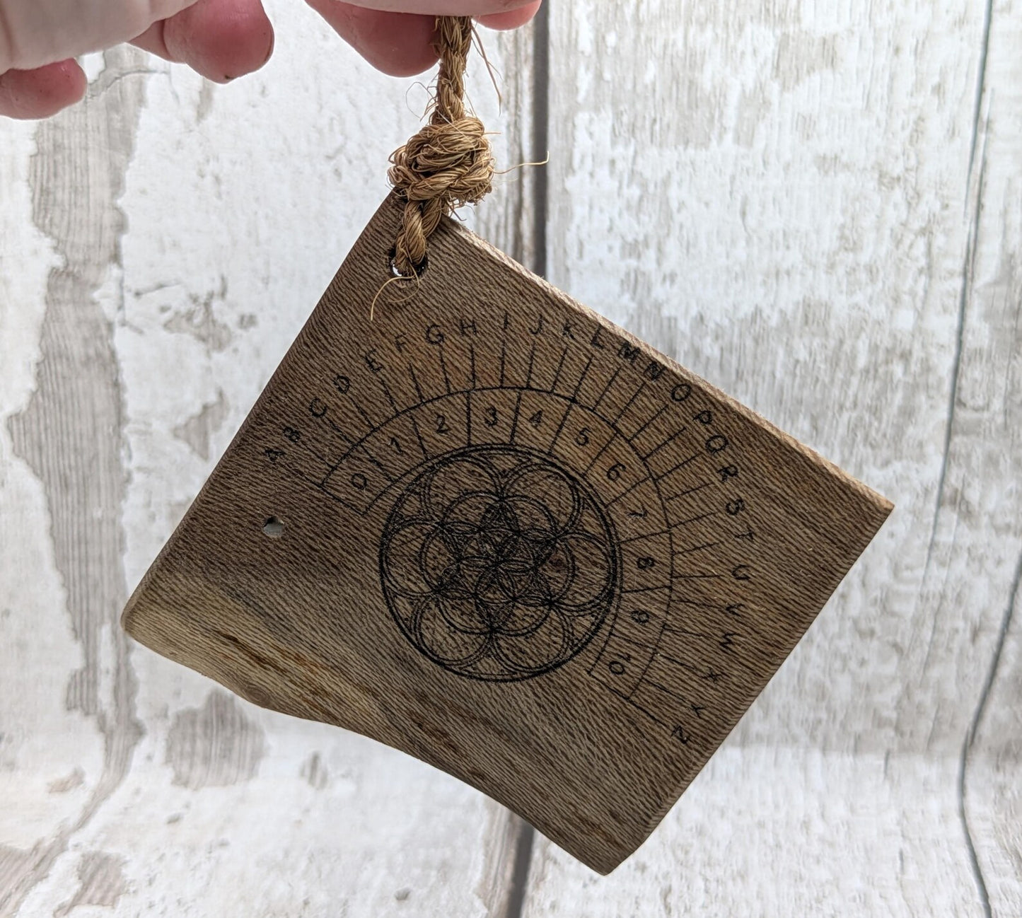 Lace wood mini pocket sized alphabet dowsing board with waney edge.