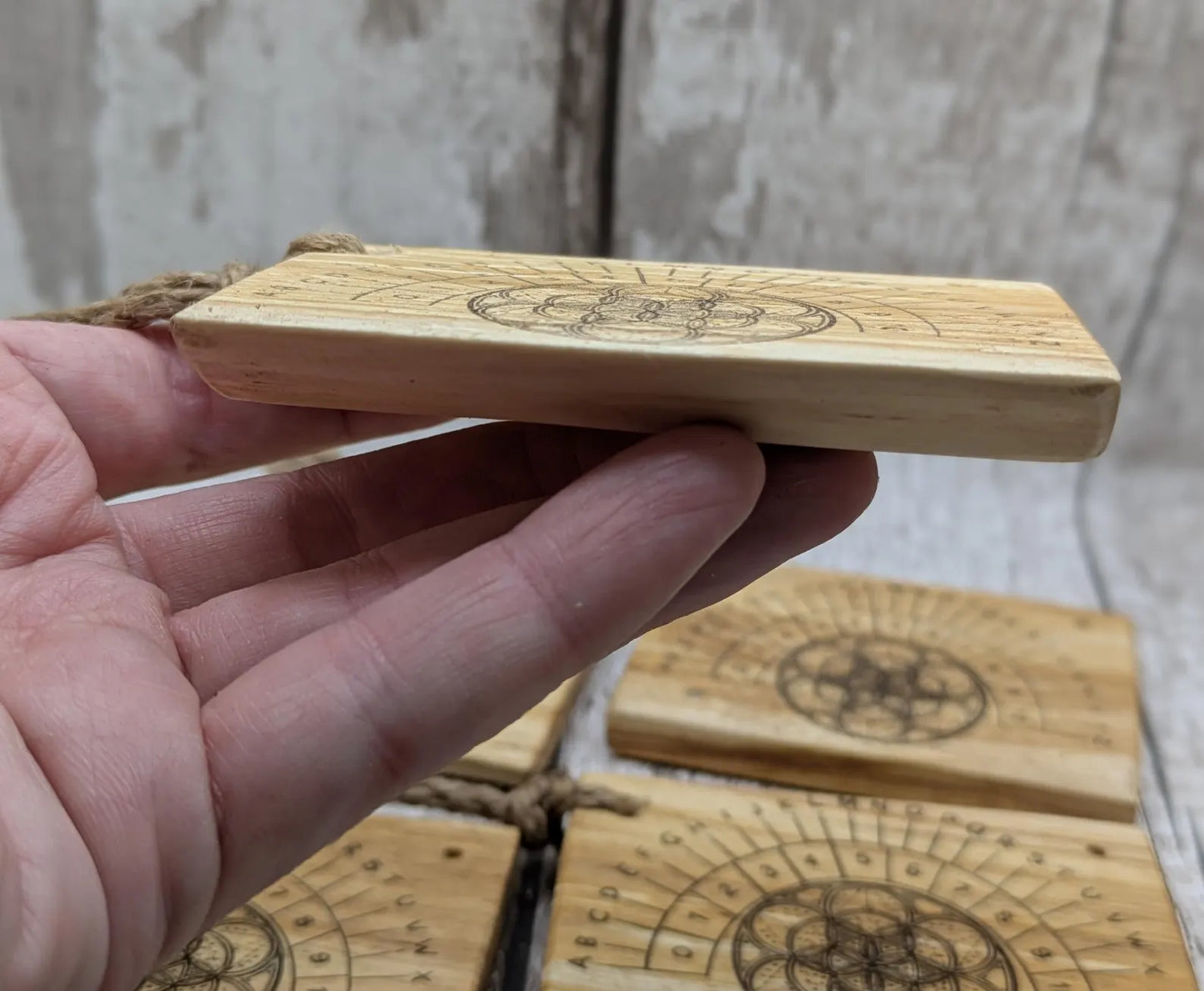 Lime wood pocket sized mini alphabet pendulum dowsing board.