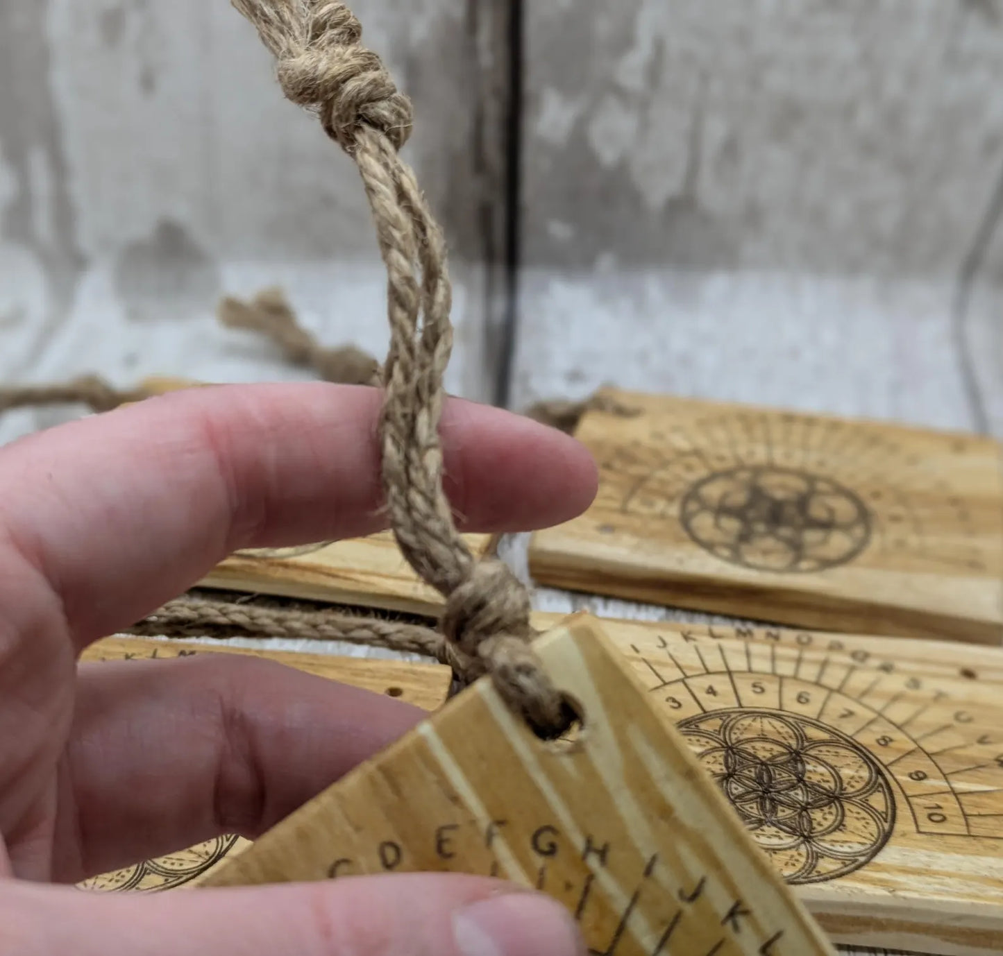 Lime wood pocket sized mini alphabet pendulum dowsing board.