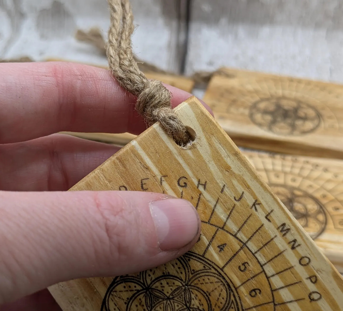 Lime wood pocket sized mini alphabet pendulum dowsing board.