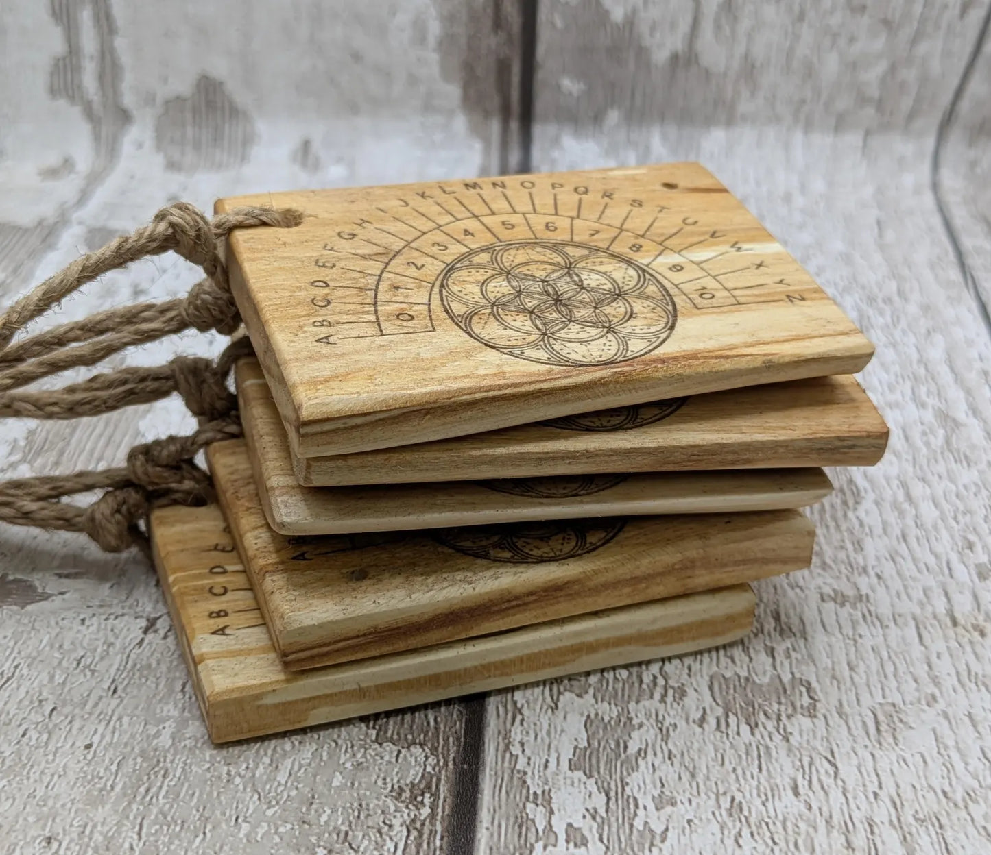 Lime wood pocket sized mini alphabet pendulum dowsing board.
