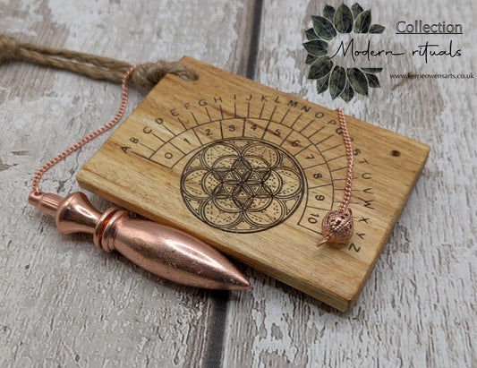 Lime wood pocket sized mini alphabet pendulum dowsing board.