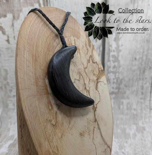 Made to order fenland bog oak crescent moon pendant.