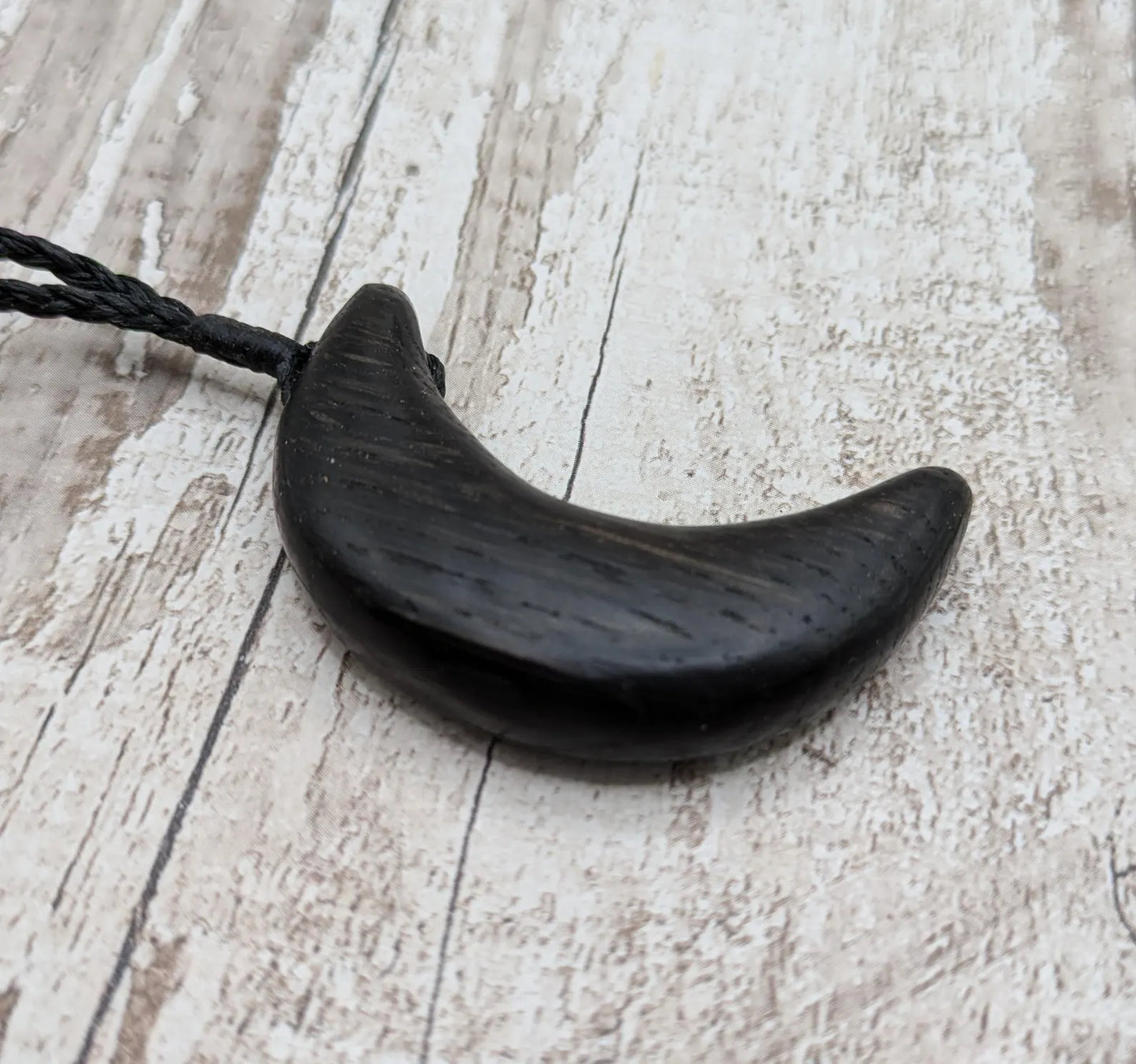 Made to order fenland bog oak crescent moon pendant.