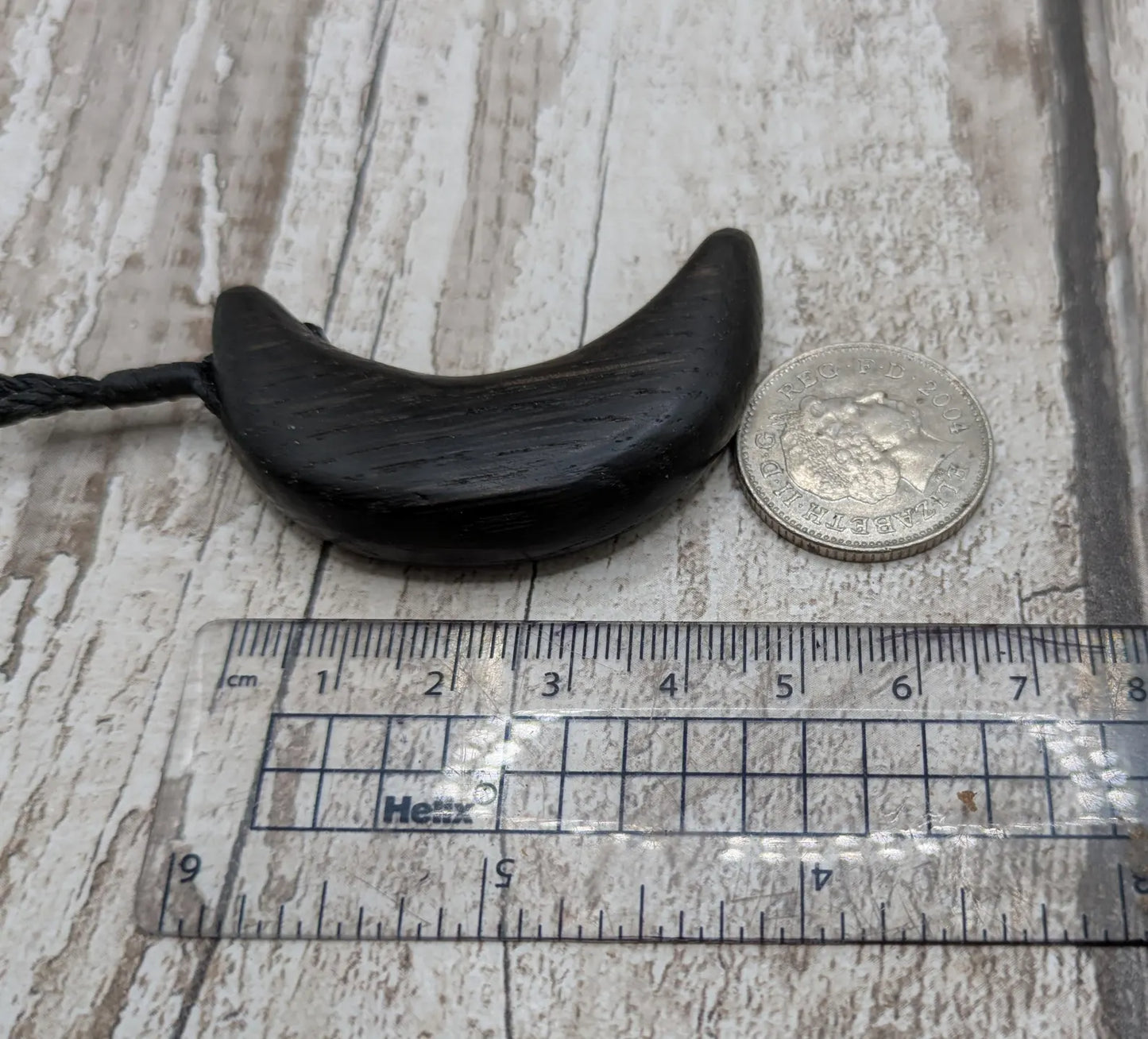 Made to order fenland bog oak crescent moon pendant.