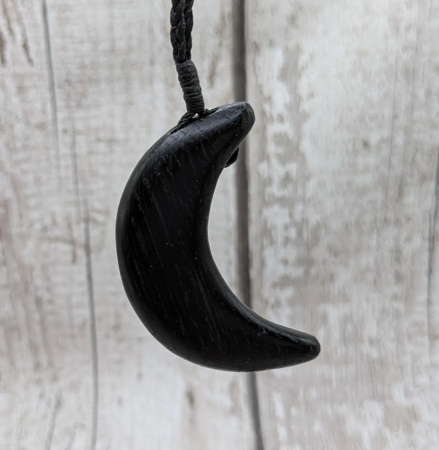 Made to order fenland bog oak crescent moon pendant.
