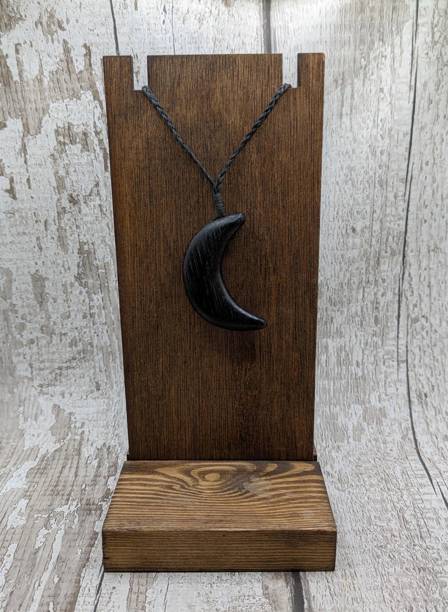 Made to order fenland bog oak crescent moon pendant.